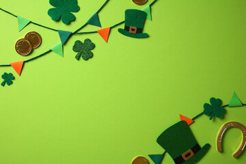 St. Patrick's Day background with green shamrocks, leprechaun hats, gold coins, and colorful...