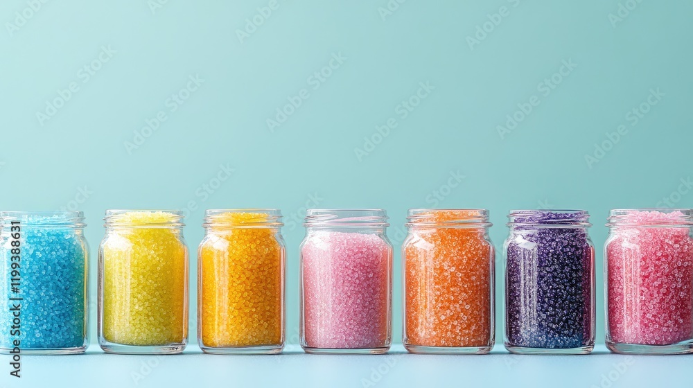 Poster colorful spun sugar in glass jars arranged in a row on a pastel blue table with empty copy space for