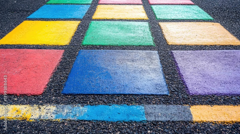 Poster vibrant multi-colored squares on black asphalt surface with blank area for text in urban environment