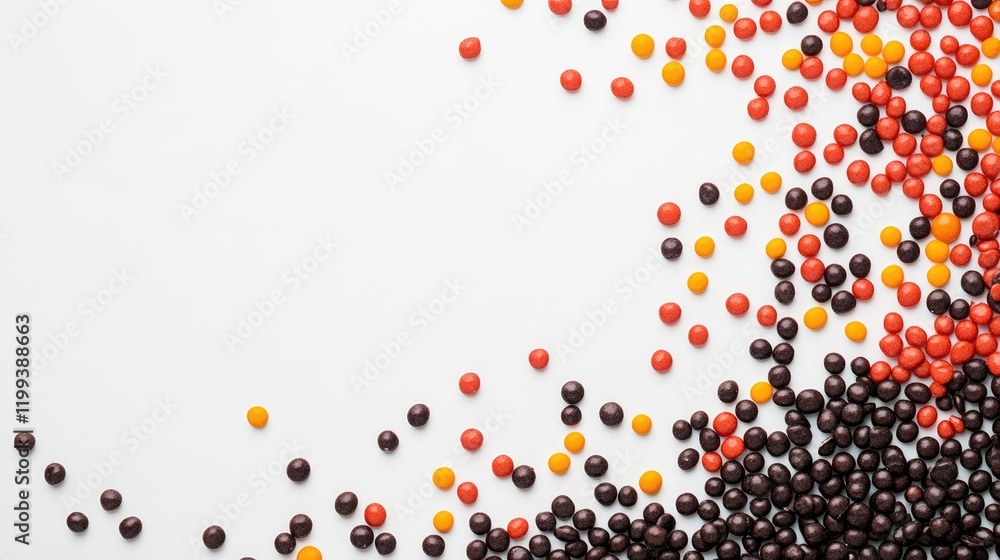 Aufkleber vibrant multicolored sprinkles in bold orange red yellow and deep black arranged on a soft white bac