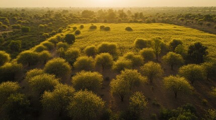 Obraz premium Aerial view of a vast yellow field with numerous trees at sunset creating a warm scene
