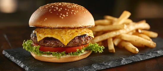 Gourmet cheeseburger with melted cheese, fresh tomatoes, and crispy fries served on a dark slate board with ample negative space for text.