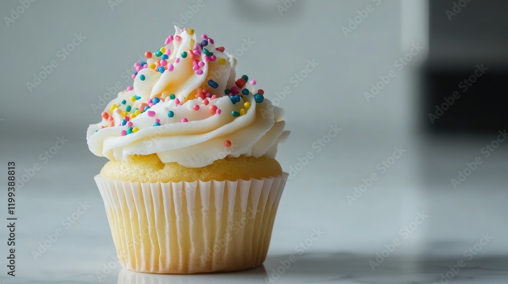 Poster vanilla cupcake topped with vibrant multicolored sprinkles on a marble countertop with soft natural 