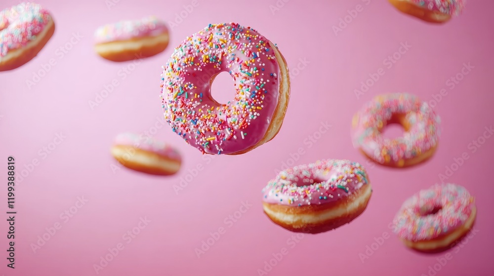 Poster colorful floating donuts adorned with sprinkles against a vibrant pink background studio shot offeri