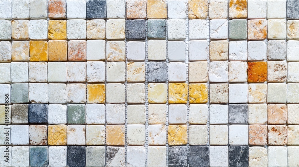 Poster vibrant decorative square mosaic tiles in warm hues of yellow, gray, and white arranged in a structu
