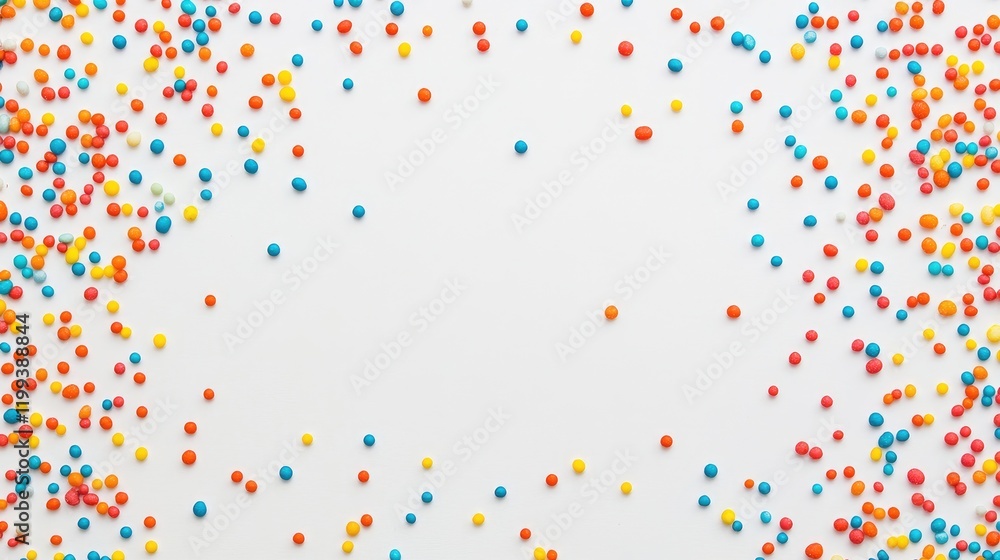 Poster vibrant multicolored sprinkles on clean white surface creating an engaging circular frame for text o