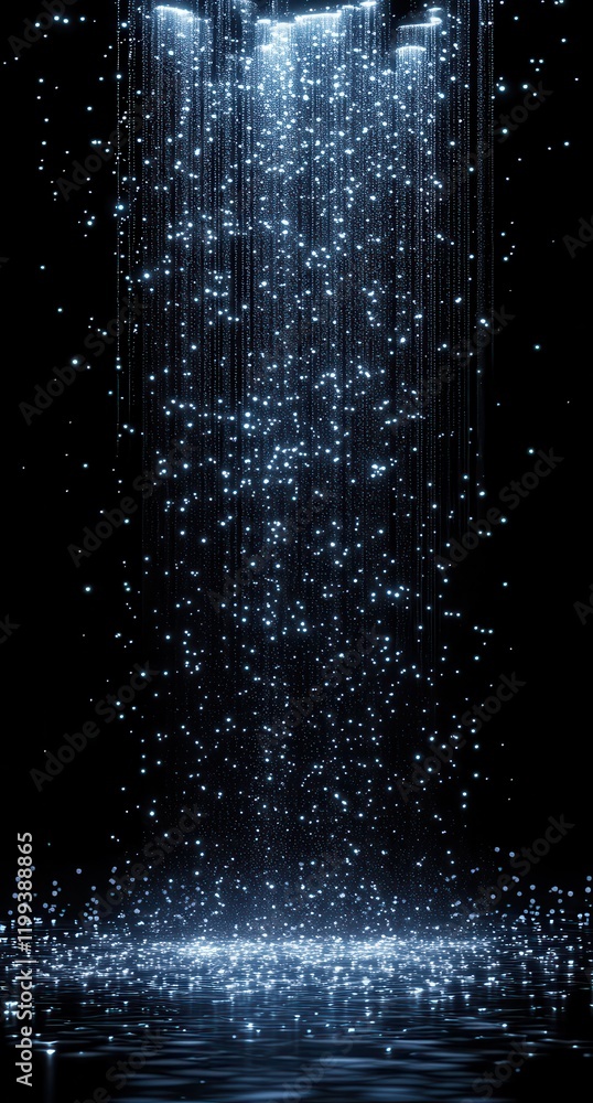 Poster glimmering light particles falling like rain in dark space creating a mystical and dreamlike atmosph