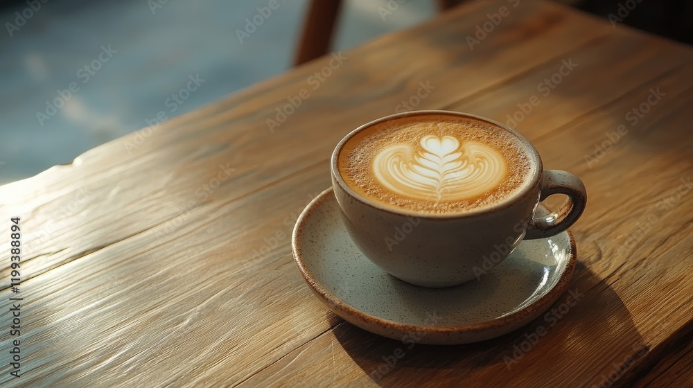 Aufkleber coffee cup with latte art on a rustic wooden table in soft morning light with empty space for text o