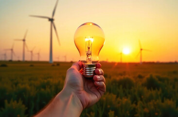A hand holds a lit bulb at sunset, with wind turbines behind, symbolizing sustainability