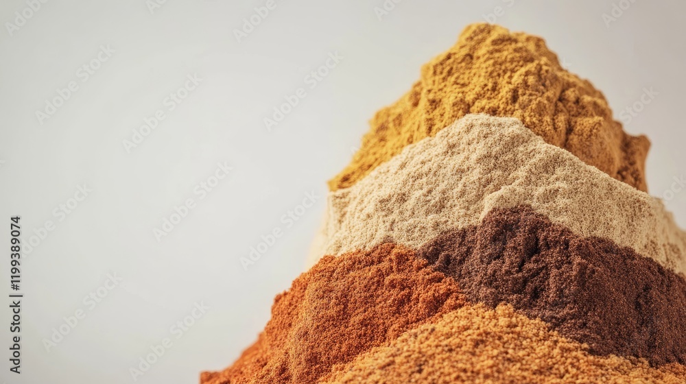 Poster vibrant piles of aromatic spices in warm earthy tones against a soft neutral background with ample s