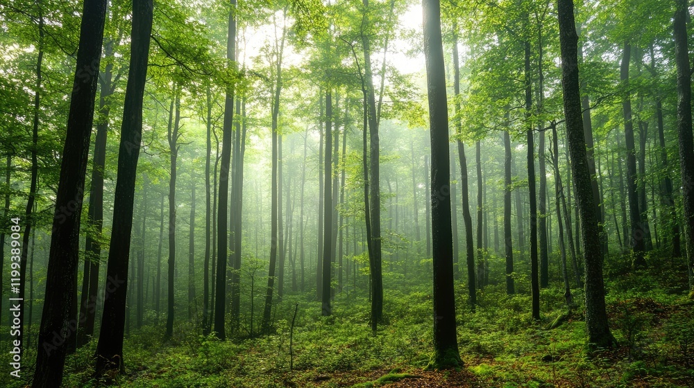 Poster lush green forest landscape enveloped in mist and fog with tall trees creating serene atmosphere and