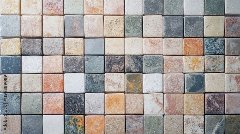 Aufkleber colorful square mosaic tiles in shades of gray beige and orange arranged in a decorative pattern wit