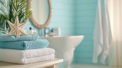 Colorful beach towels stacked neatly in a marine inspired bathroom featuring aqua blue walls, decorative starfish, and empty copy space for text.