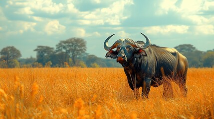 African buffalo standing in savanna grassland under cloudy sky.