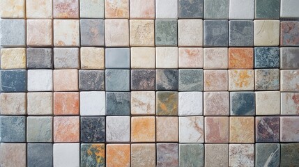 Colorful square mosaic tiles in shades of gray beige and orange arranged in a decorative pattern with empty space for text in the center