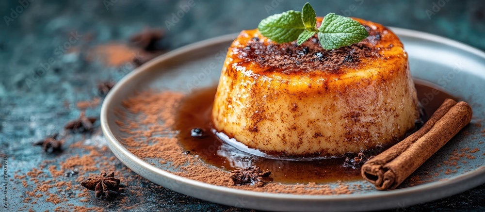Poster delicious crusted pudding with caramelized top and cinnamon stick garnish on a grey plate in a rusti