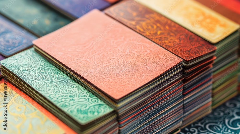 Poster vibrant stacked textured business card mockup with rich colors in a close-up arrangement on a subtle