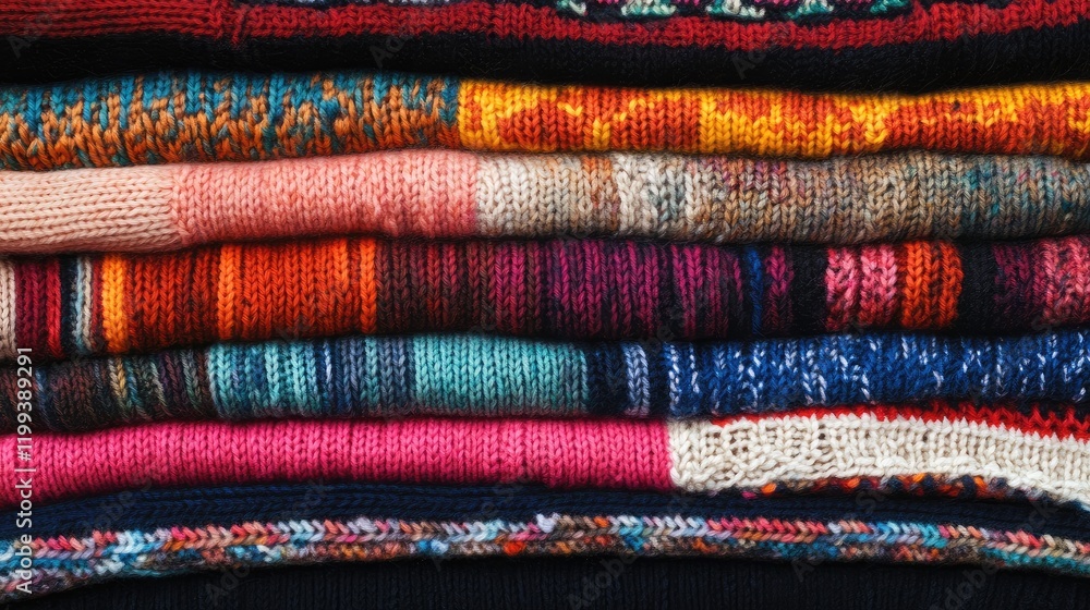 Poster colorful array of textured knitted sweaters in warm hues stacked harmoniously with empty space for t