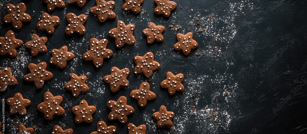 Poster delicious gingerbread cookies shaped like stars arranged on a dark rustic background with powdered s