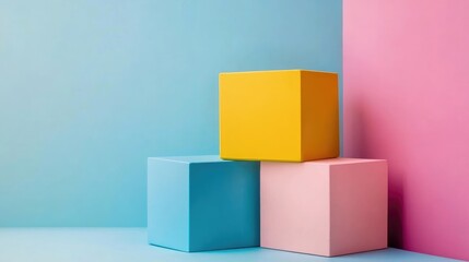 Colorful stacked cubes in pastel yellow blue and pink against a clean background with ample empty space for text and creative design concepts