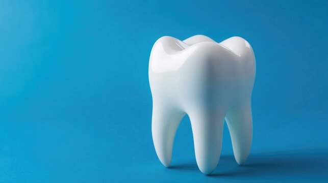 White Tooth Model on Vibrant Blue Background with Copy Space for Text in Dental Clinic or Educational Setting