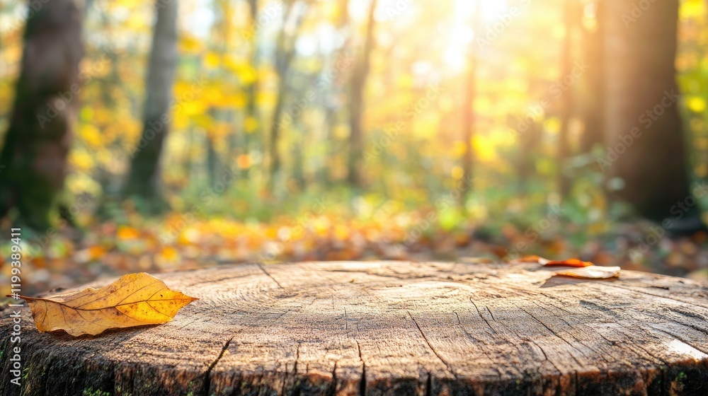 Poster lush autumn forest landscape with sunlight filtering through dense trees featuring a textured stump 