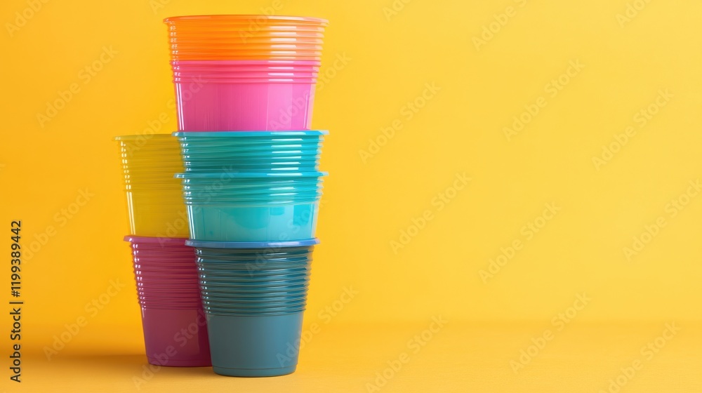 Poster brightly colored stacked plastic cups in retro style against vibrant yellow background with ample em