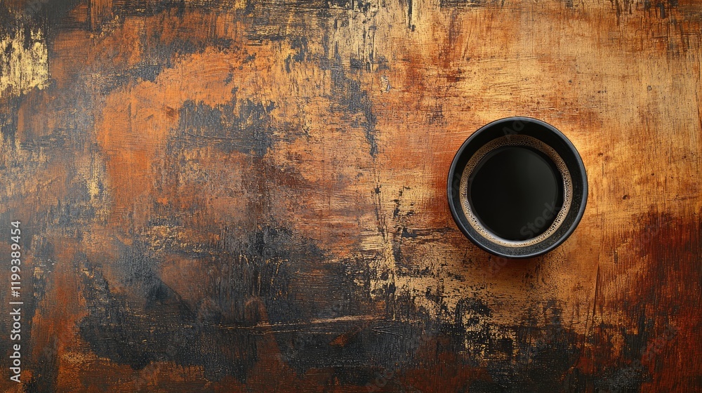 Poster close up of a rustic cup of coffee on a textured wooden table with warm brown tones and ample empty 