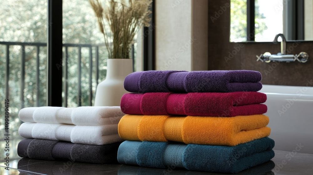 Poster vibrant multicolored towel stack on modern bathroom countertop with empty copy space and natural lig