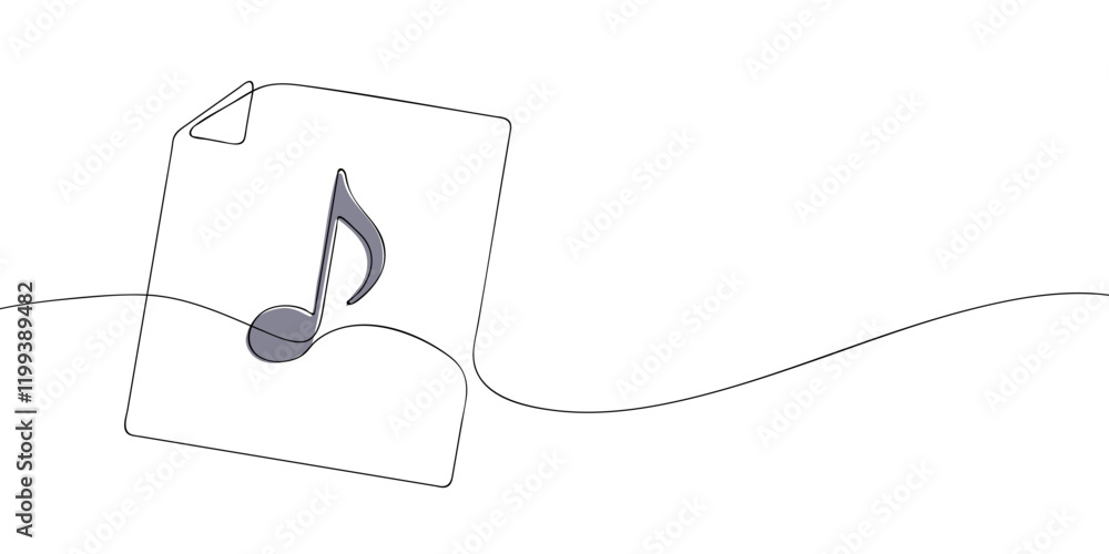 Poster a single line drawing of a file with note symbol. continuous line musical note icon in color. one li