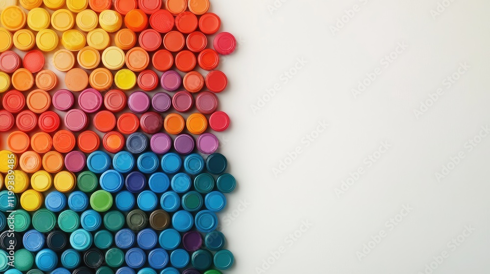 Poster colorful array of plastic bottle caps in gradient formation from warm reds to cool blues on light ba