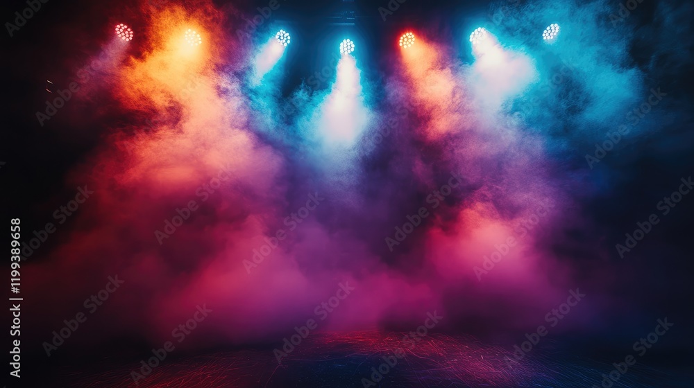 Poster vibrant stage lights in red blue and orange hues shining through dense fog on a dark backdrop creati