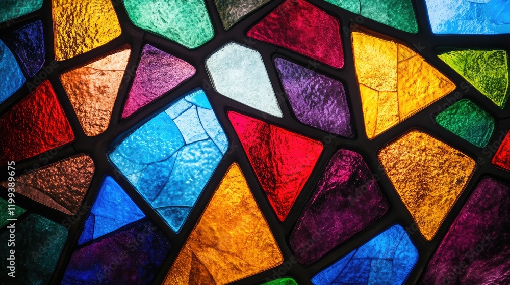 Poster vibrant multicolored stained glass window design featuring geometric patterns in blue red green and 