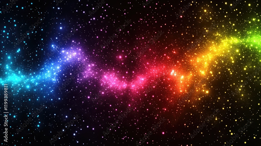 Poster vibrant multicolored stardust particles against deep black space with glowing galaxy effect and ampl