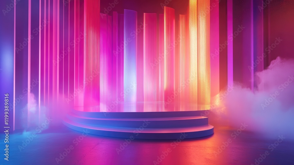 Poster vibrant multicolored stage setup with neon lighting and fog effects in an empty space for textual ov