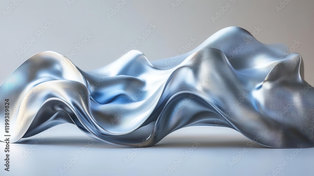 Poster a smooth, metallic object with flowing curves and intricate patterns, reflecting light and creating 