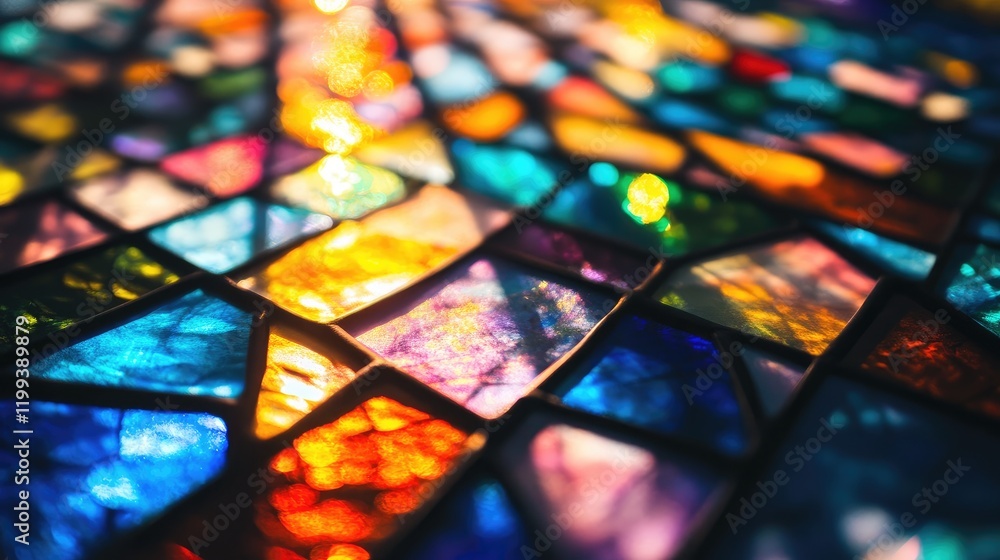 Poster vibrant stained glass reflecting a spectrum of colors through a sunlit window, creating an artistic 