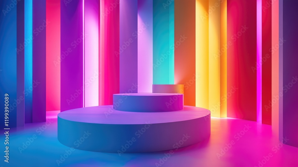 Poster vibrant colorful stage setup with multicolored lighting effects in a modern design featuring circula