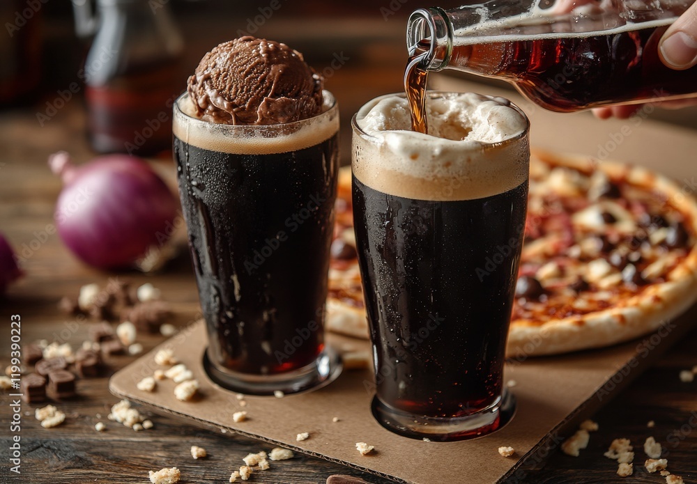 Aufkleber indulgent pairing of root beer float and chocolate ice cream with pizza background in rustic setting