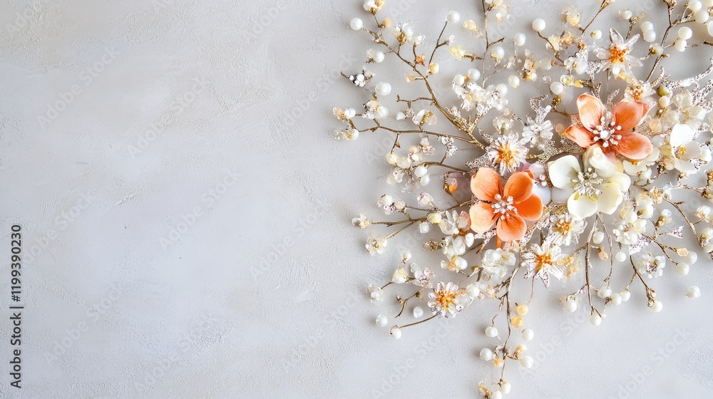 Poster delicate floral arrangement with orange and white flowers on soft gray background creating an elegan