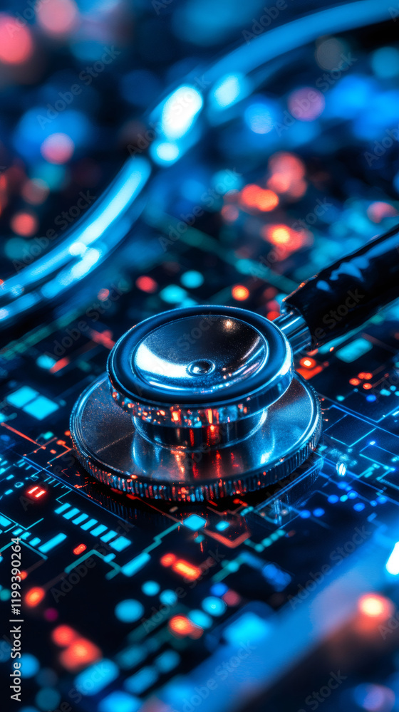 Poster electronic circuit diagnostic tool glowing with neon light, revealing digital health and technical m