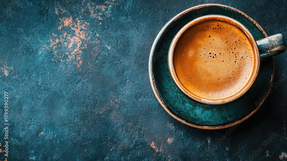 Aufkleber steam rising from freshly brewed coffee in rustic blue cup on dark textured background with negative