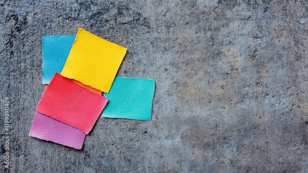 Poster vibrant colorful stickers arranged on textured grey cement pavement with ample blank space for custo