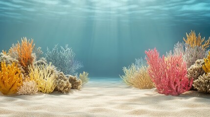 Vibrant coral formations in a clear ocean setting with sandy sea floor, illuminated by shafts of sunlight and ample space for textual overlay.