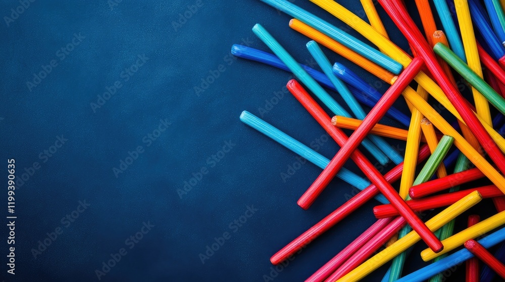 Poster vibrant multicolored sticks in a pickup sticks game arranged on deep blue background with ample copy