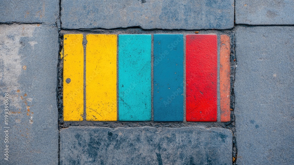 Poster vibrant colorful stickers on gray cement pavement with empty space for text in urban setting ideal f
