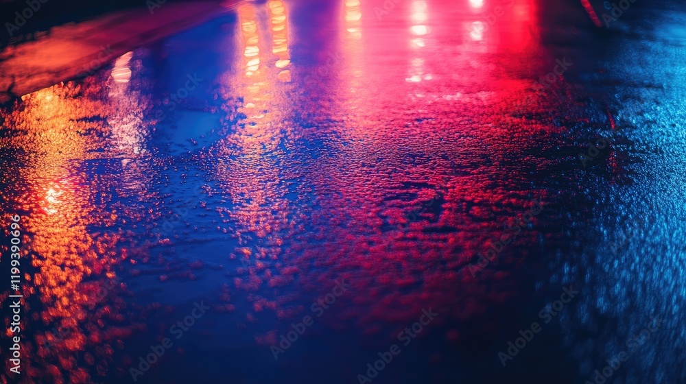 Poster vibrant reflections of red and blue lights on wet pavement creating a colorful abstract background w