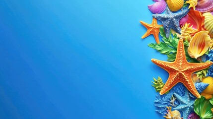 Vibrant colorful starfish and seashells in bold yellows oranges greens and blues arranged on a serene ocean blue background with ample empty space for text