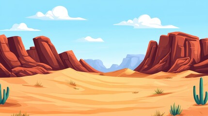 Naklejka premium Desert Landscape Featuring Rocky Sand Dunes and Sandstone Cliffs with Clear Sky and Empty Space for Text