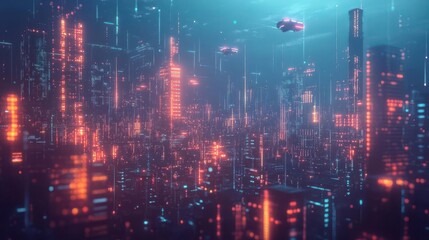 Fototapeta premium A futuristic cityscape illuminated by vibrant lights and flying vehicles, creating a cyberpunk atmosphere beneath a glowing blue sky.